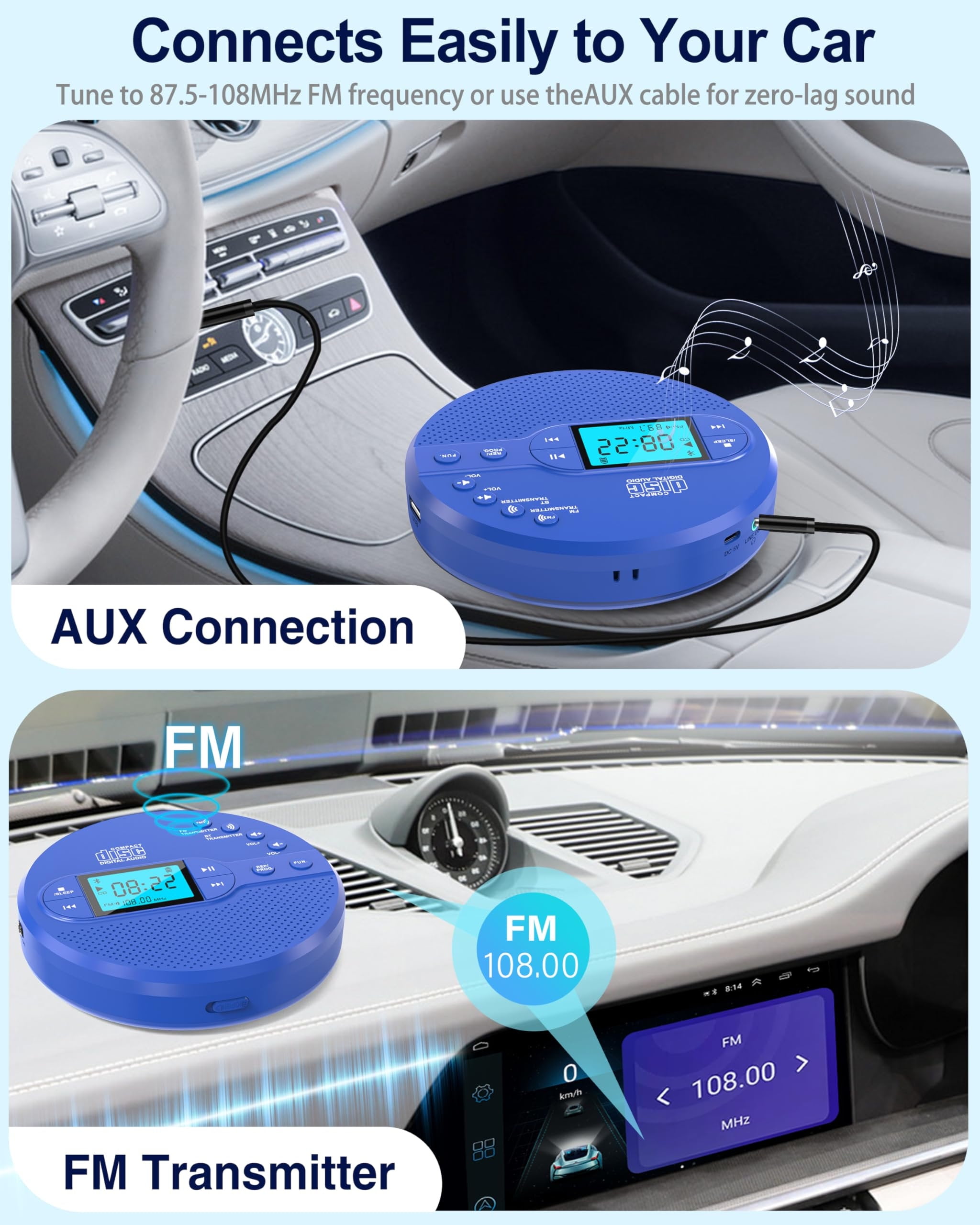 NEW 2026 CD Player Portable with Bluetooth, Greadio 2000mAh Rechargeable Discman CD Player for Car（Blue)