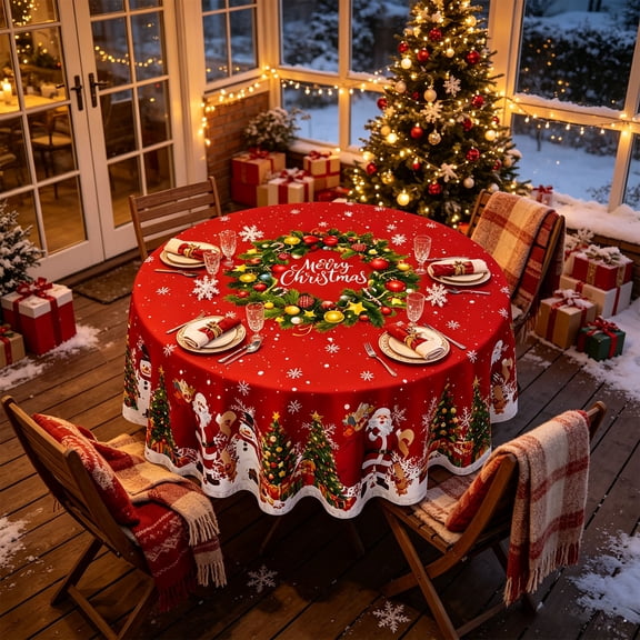 Miwamany Christmas Round Tablecloth, 60 inch Red Santa Claus Snowman Red Printed Circular Table Cover, Xmas Holiday Dining Table Decor for Home Party