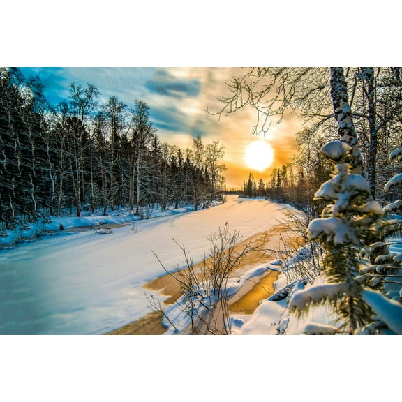 Art.com Winter Forest River Snow Sunset Scene. Snow Covered River in Winter Forest Sunset View. Sunset Snow Photographic Print, 18" x 12"