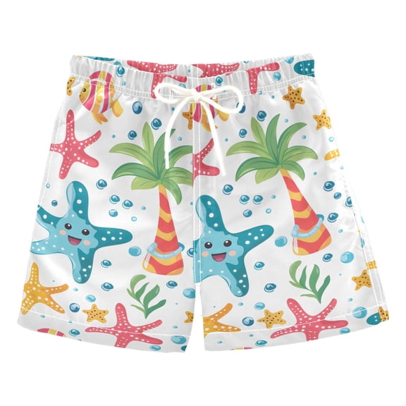 joogoo Boys Swim Trunks Cartoon Sea Stars Palm Tree Beach Board Shorts Drawstring Swimsuit S