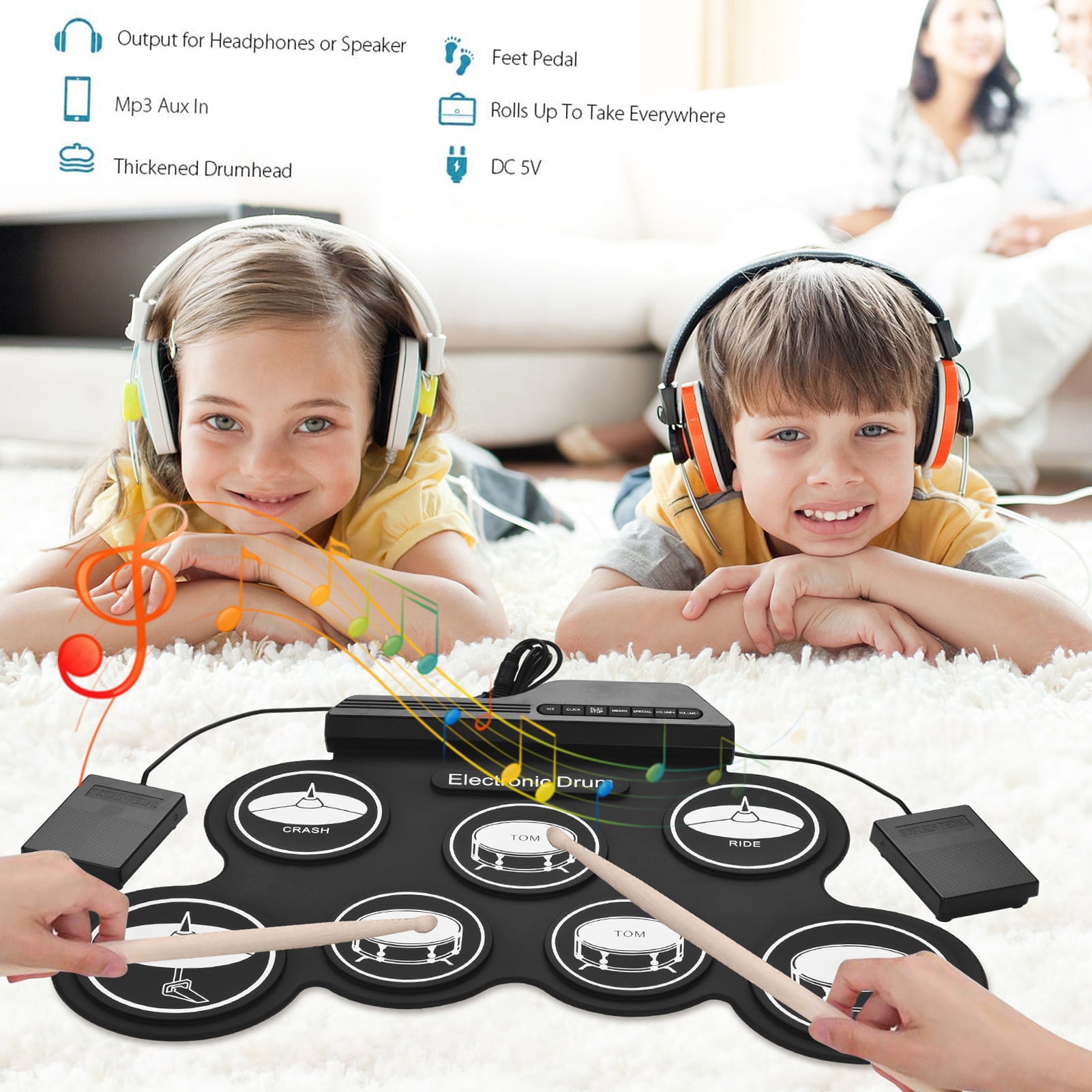 Shinysix Electronic Drum,Silicon Drum Set Pads Drumsticks Pedals 7 Drum Pads Drum Kit 7 Set Drum Kit Pedals Children Kids USB Roll-Up Silicon Size USB Roll-Up Drum Set Drum Kit 7 Drum  Drum pad