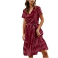 thumbnail image 2 of Xixinqiwan Sundresses for Women 2025 Plus Size,Women's Striped Printed V-Neck Short Sleeve Back Button Tie Waist Ruffle Dress Red M, 2 of 8