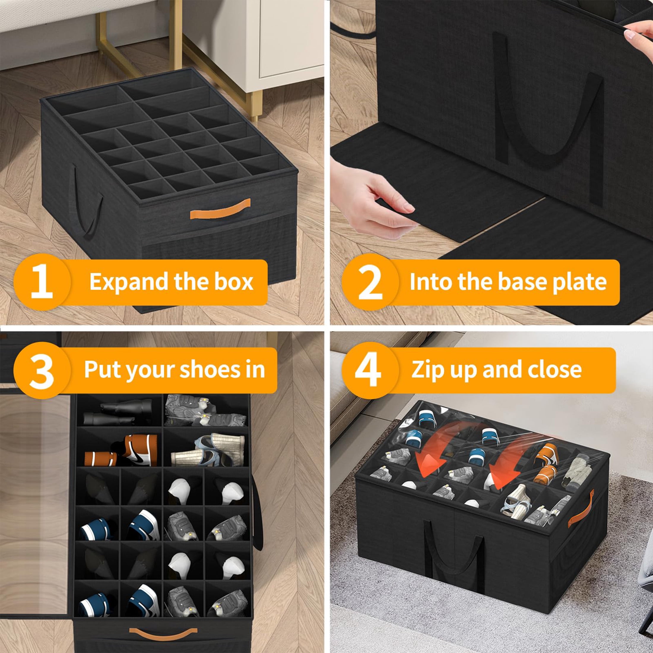 Aokeyee Shoe Shelf, 2 Pack Large Shoe Storage Box Fits up to 24-48 Pairs Foldable with Clear Cover and 4 Reinforced Handles, Black