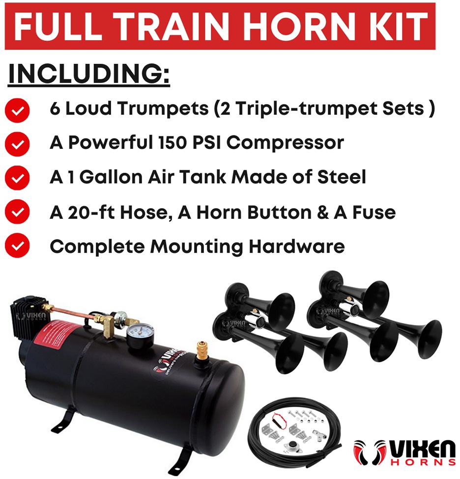 Vixen Horns Train Horn Kit for Trucks/Car/Semi. Complete Onboard System- 150psi  Air Compressor, Gallon Tank, Trumpets. Super Loud dB. Fits Vehicles  like Pickup/Jeep/RV/SUV 12v VXO8210/3311B2