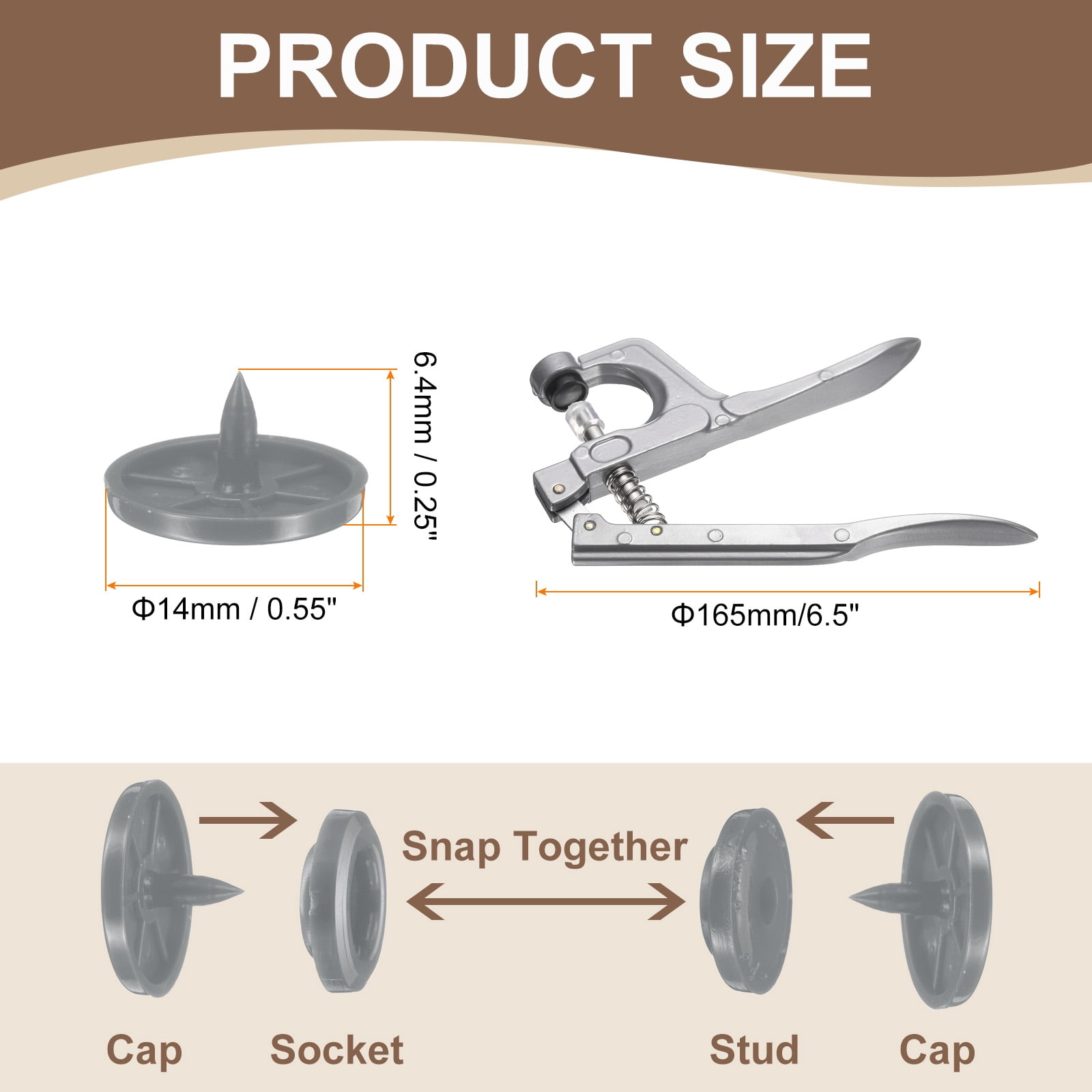 Uxcell Plastic Snaps Fasteners with Snap Pliers, 100 Set T8 Round Resin No-Sew Button Snap Fasteners Kit Grey