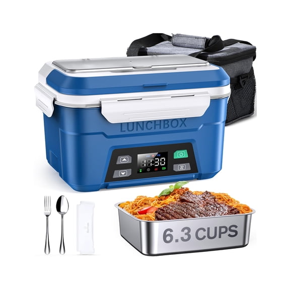 Teetheory Cordless Electric Lunch Box for Adults, 6.3 Cup Heated Lunch Box with Rechargeable Battery, Timer, Scheduled Heating, Removable Divider, Utensils and Insulated Bag, Blue
