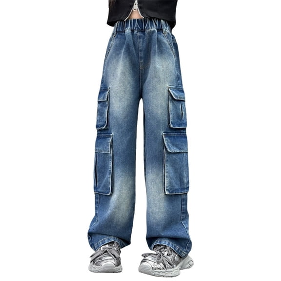 KAUOD Baggy Jeans for Kids Cargo Jeans High Waisted Straight Leg Denim Pants Y2K Girls Wide Leg Cargo Pants Boyfriend Jeans