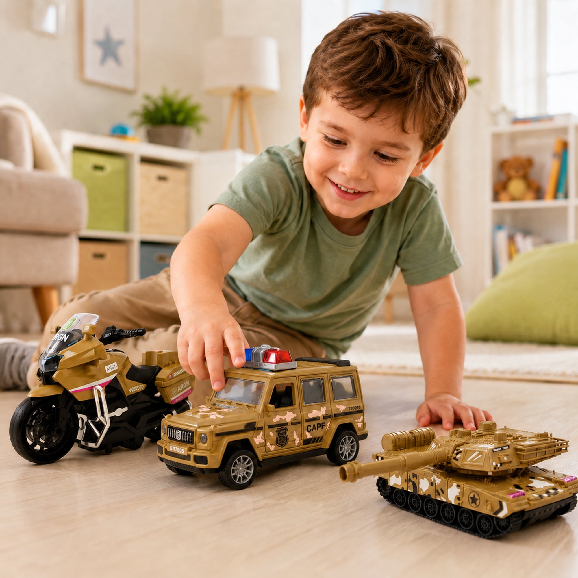 Friction Powered Vehicle Toys 3 Pack, Camouflage Tank Jeep Motorcycle Toy Set for Kids Ages 3+, No Battery Toy Cars, Birthday Gift
