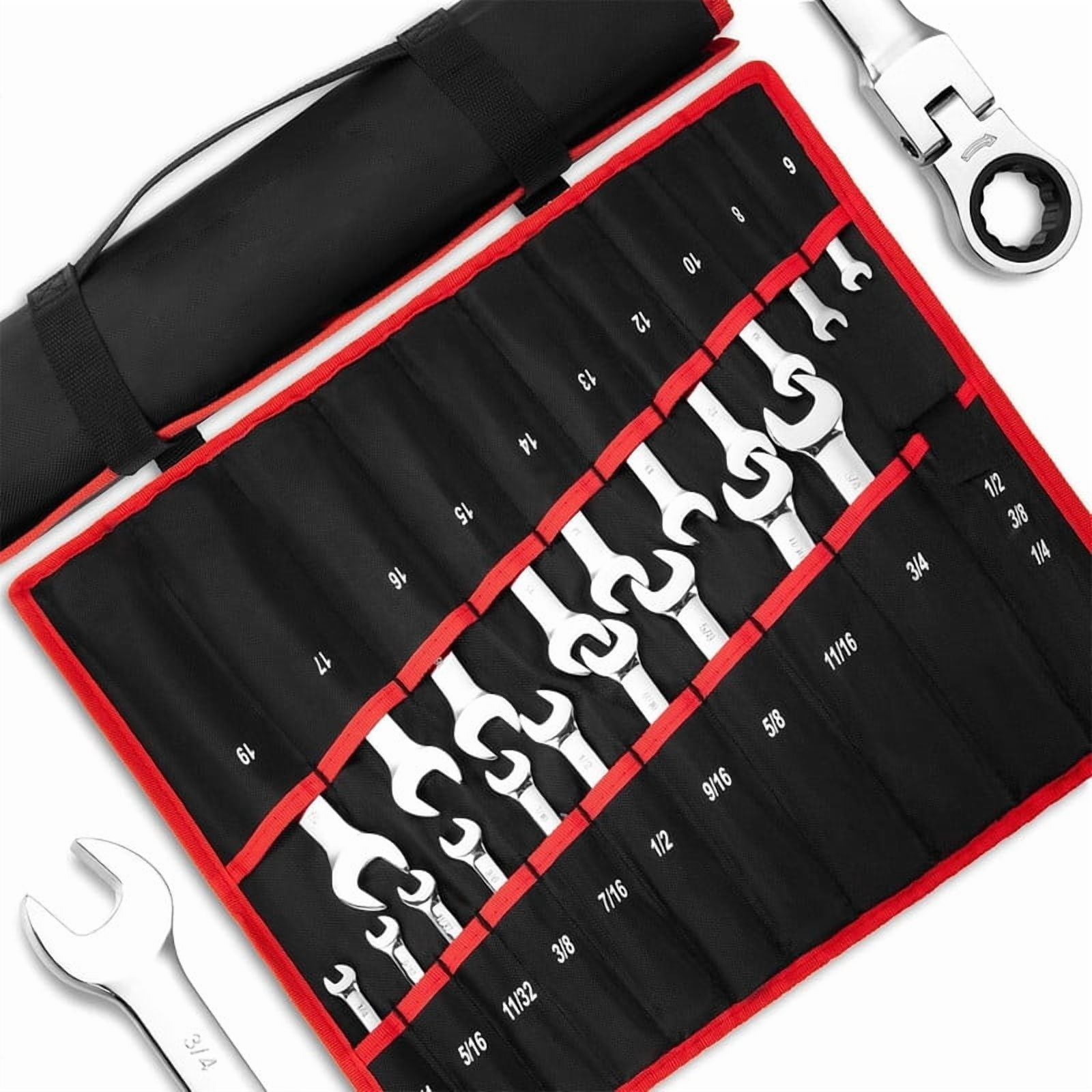 20-Piece Fixed Ratcheting Combination Wrench Set, 72 Teeth, SAE 1/4-3/4" & Metric 6-19mm, Chrome Vanadium Steel Combination Wrench with Storage Bag