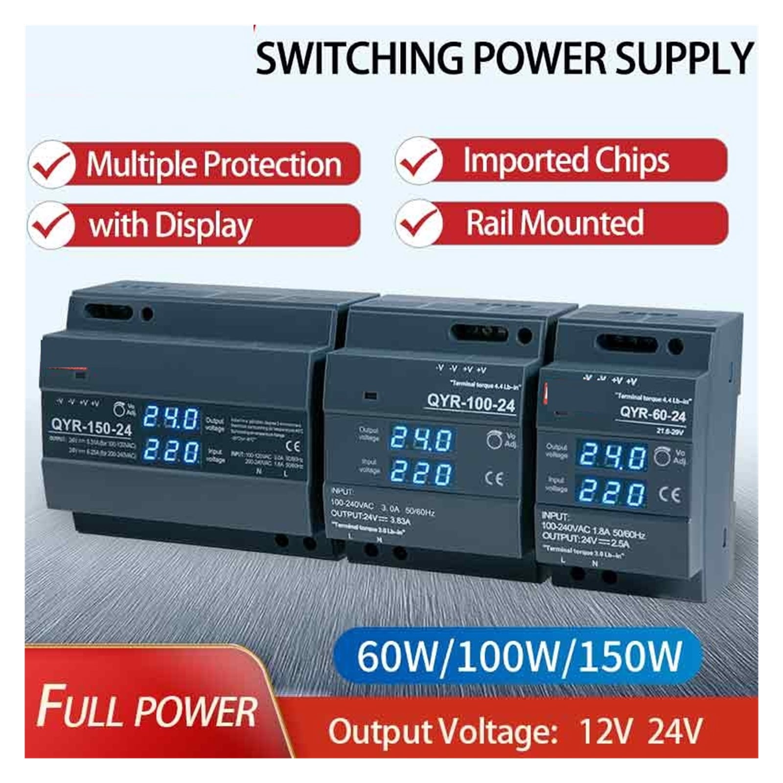 QYR-60W 100W 120W DIN Rail Switching Power Supply AC-DC 12V 24V With Digital Display Industrial For LED Light Strip