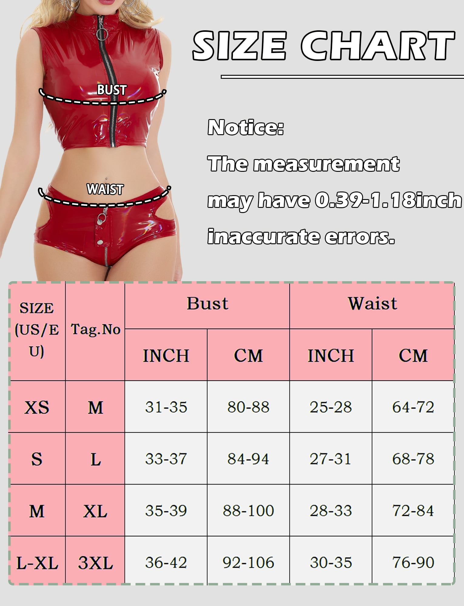 Ausing Womens Shiny PU Leather Set Zipper Wet Look Crop Top and Booty Shorts Clubwear Dance Rave Party Nightclub Stage Performance 2 Piece Red XS