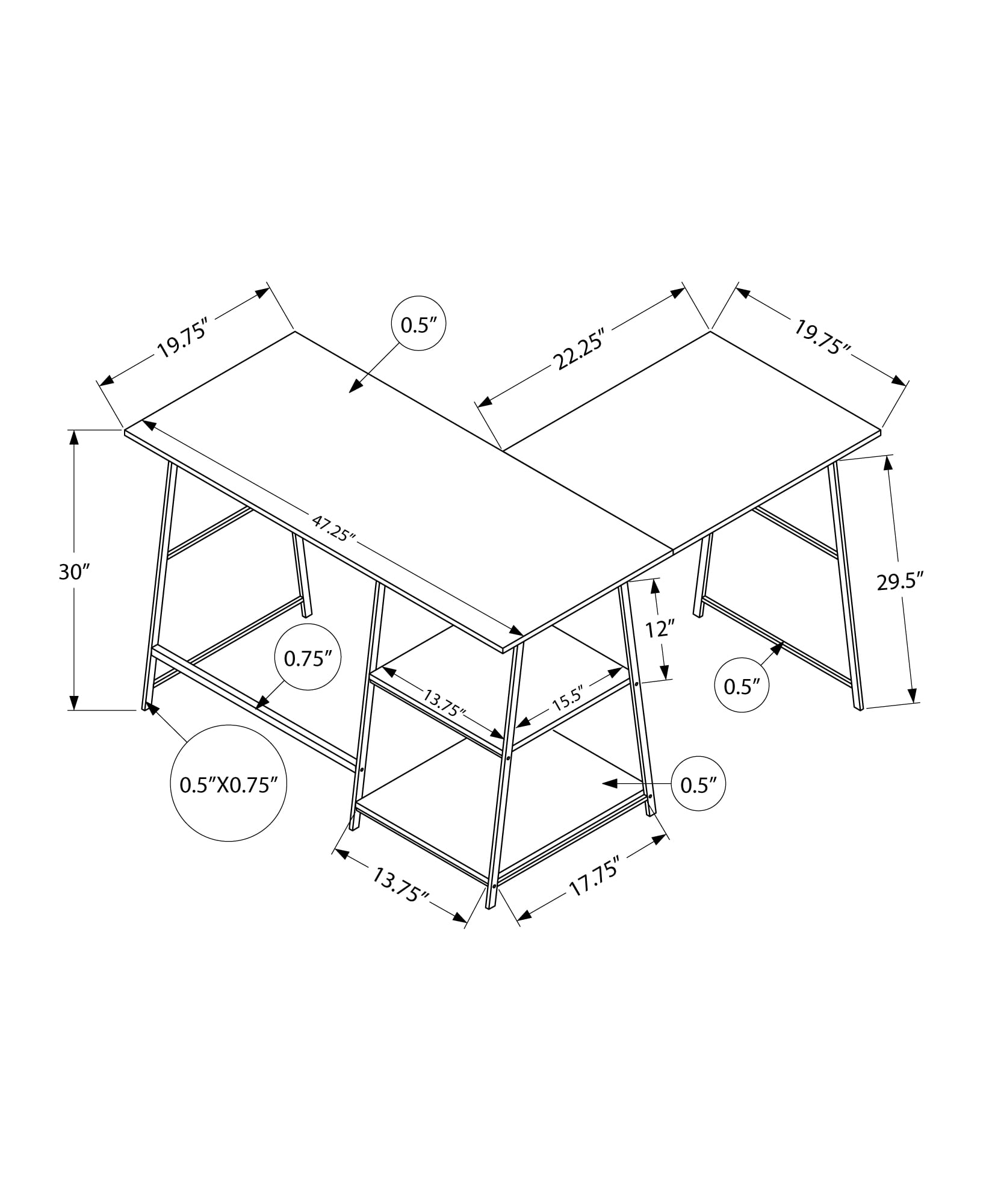 48 Inch L Shaped Espresso Brown Computer Desk with Black Sawhorse Legs and Shelves