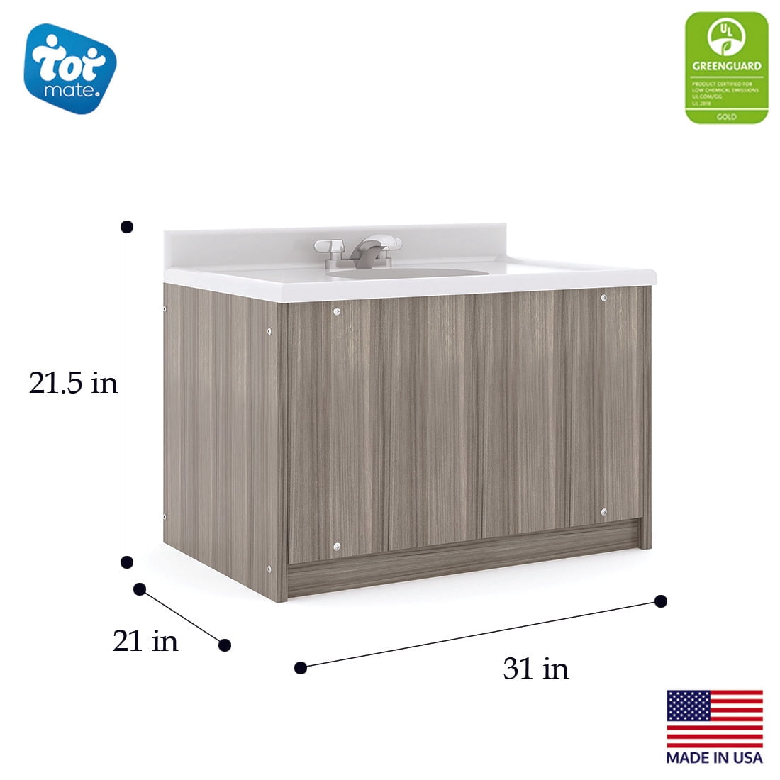 Tot Mate Floor Vanity for Kids Bathroom Sink, Chrome Faucet, Child Height 24", Single Bowl (Gray)