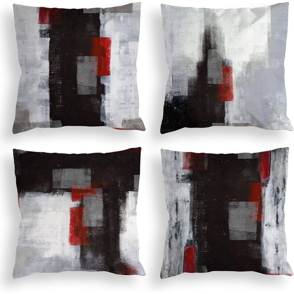 Red and Black Throw Pillow Covers 18x18 Set of 4 Decorative Cushion Cover Grey Abstract Art Painting Pillowcase for Sofa Bedroom Living Room Décor