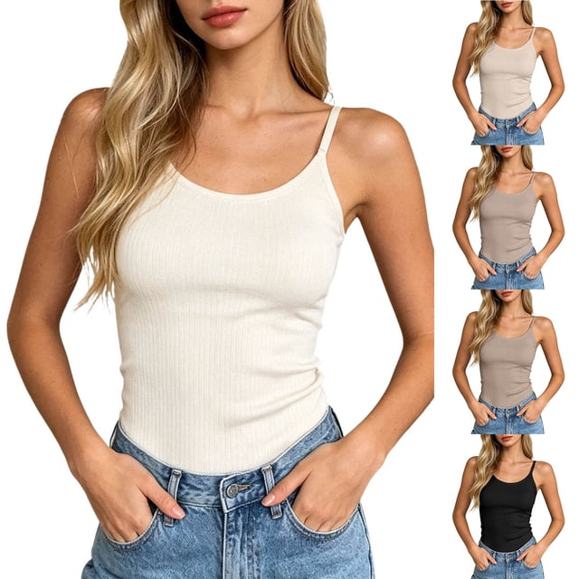 Gyexs Ribbed Tank Tops for Women Built in Bra Camisole Spaghetti Strap Activewear Summer Top Grey Size L