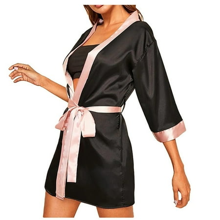 

TANGNADE Women Silk Long Sleeve Satin Pajamas Sleepwear Robe With Belt Bathrobe