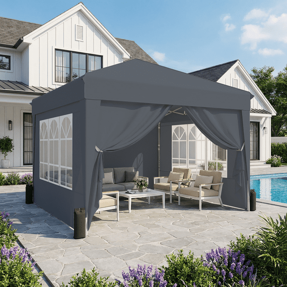 SANWAY 10x10 Pop Up Canopy Tent with Sidewalls x 4 – Easy Setup Canopy Tent, Waterproof, UV-Resistant, Portable with Carry Bag for Outdoor Events, Camping, and Backyard Parties – Dark Gray