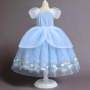 IBTOM CASTLE Little Girls Princess Halloween Cosplay Outfits for Kids Party Fancy Dress up Long Evening Gown 4-5 Years Cinderella Blue