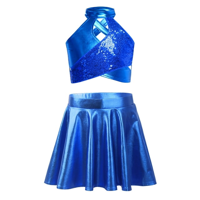 Raenseen Kids Girls Jazz Cheer Dance Performance Costume Sparkly Sequins Crop Top with Mini Skirt Set Blue 6