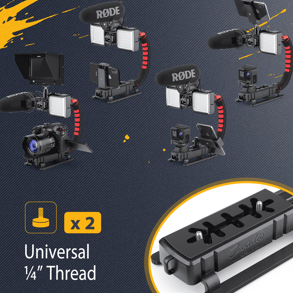 Zeadio Handheld Camera Stabilizer with Smartphone Grip, Compatible with DSLR, Camcorders, Action Cameras, Smartphones