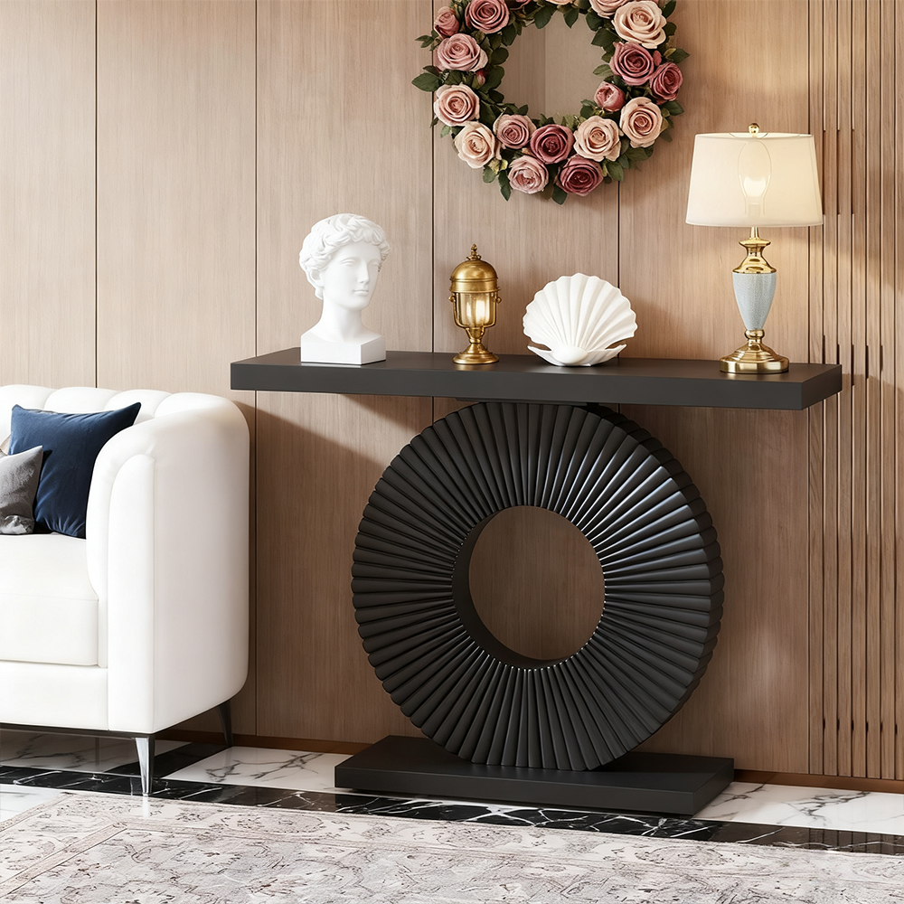 40-Inch Modern Console Table With Black Circular Flower Geometric Base, Wood Narrow Sofa Table, 180LBS Capacity Contemporary Accent Entryway Table For Living Room, Hallway, Behind Couch