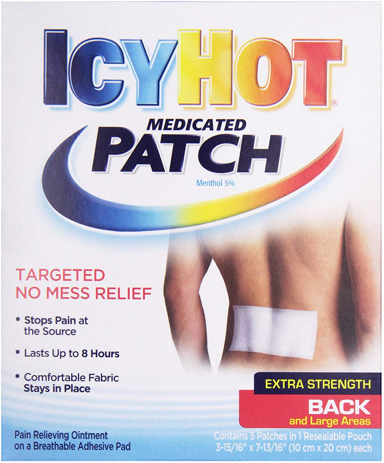 Icy Hot Topical Analgesic Back Patch, 5 Count Box (1) Temporarily Relieves Minor Pain Associated With Arthritis, Simple Backache, Muscle Strains, Sprains, Bruises, And Cramps