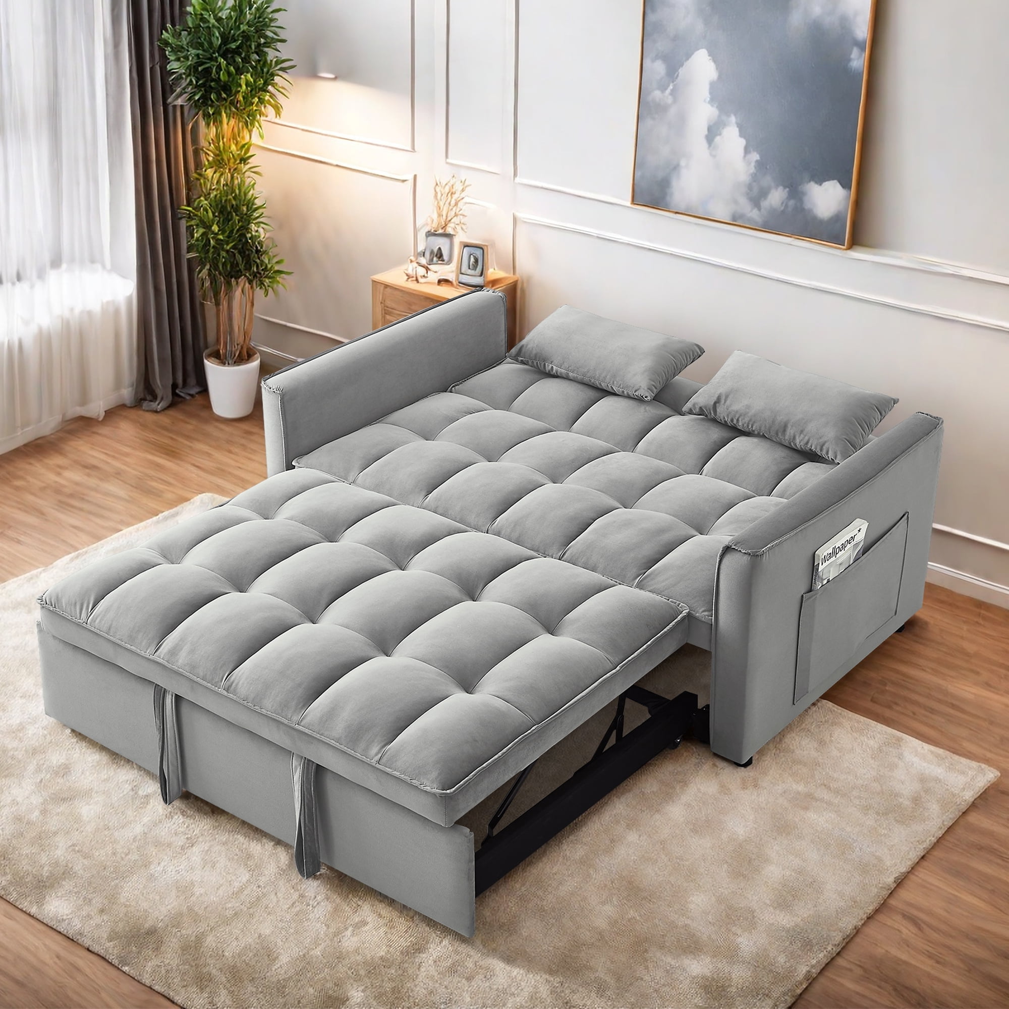 Leumius Convertible Sofa Bed,3 in 1 Sleeper Sofa with Pull Out Bed,Loveseat Couch with Adjustable Backrest for Living Room,Gray