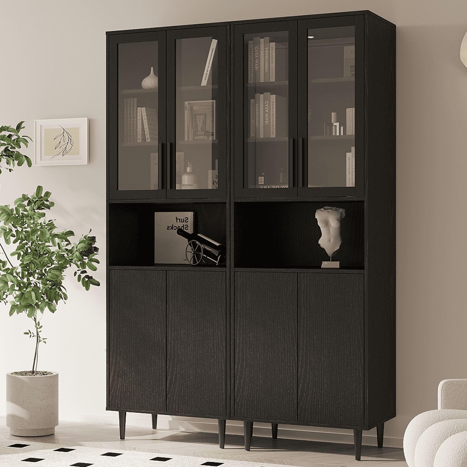 RichYa 71"H Tall Bookcase with Glass Door,4 Doors Display Bookshelf with Metal Legs,6 Tier Storage Cabinets for Living Room,Home Office,Black