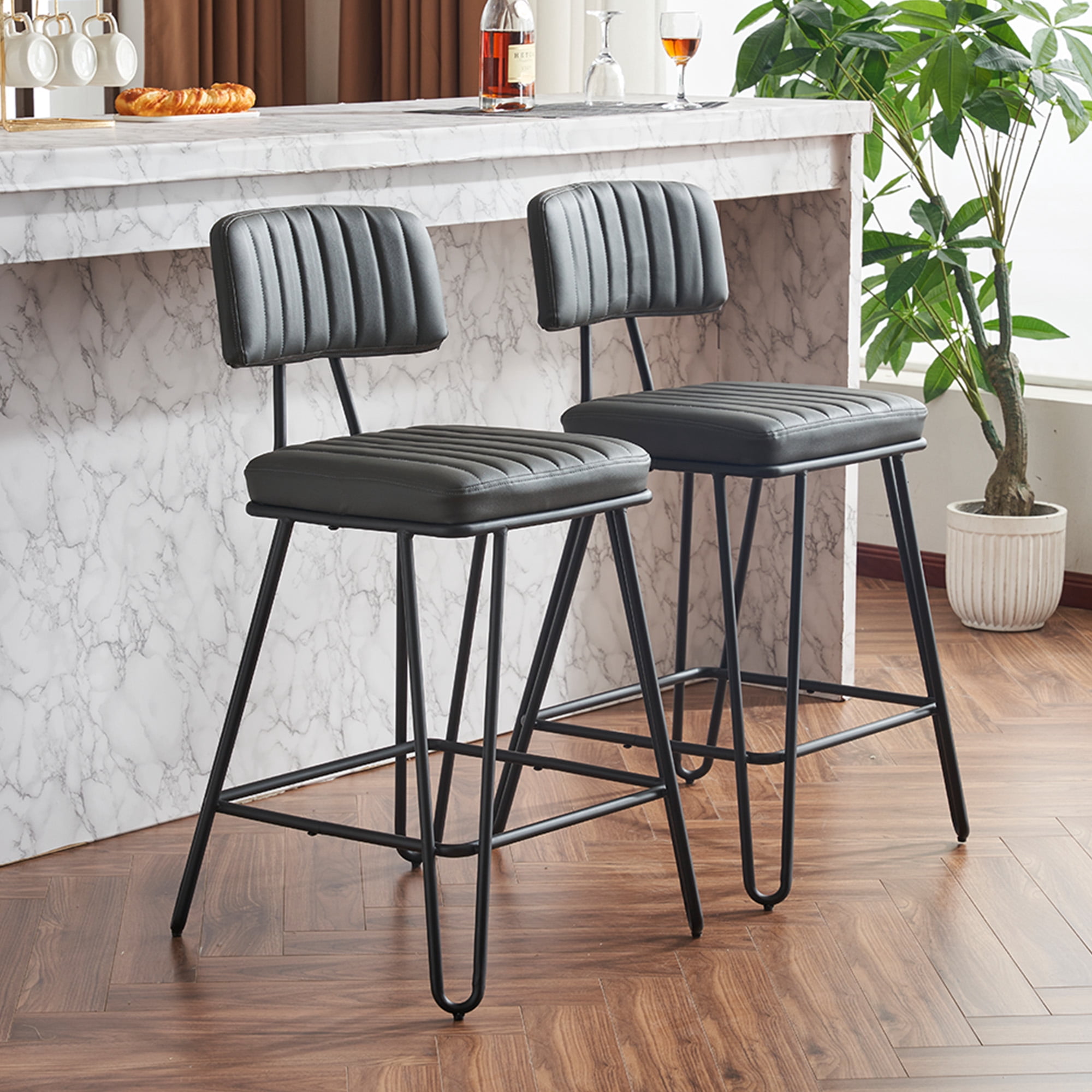 Industrial Vintage Bar Stools Set of 2 Counter Height with Grey PU Leather and Black Metal Frame Angled Backrest for Kitchen Dining
