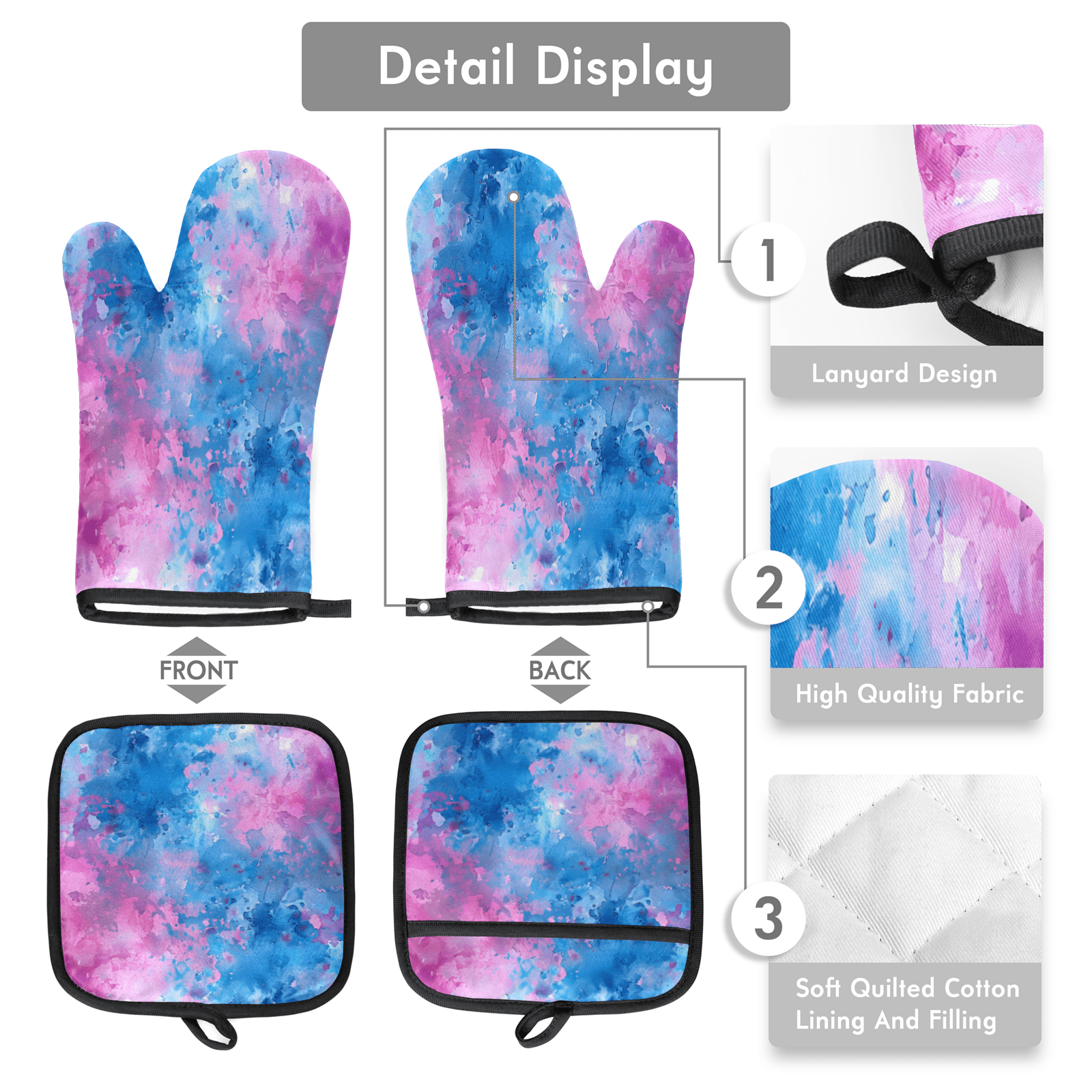 CURLYOOT Tie Dye Oven Mitts and Pot Holders Sets of 2, Non-Slip Washable Watercolor Textured Hot Pads and Oven Gloves for Kitchen Cooking Baking