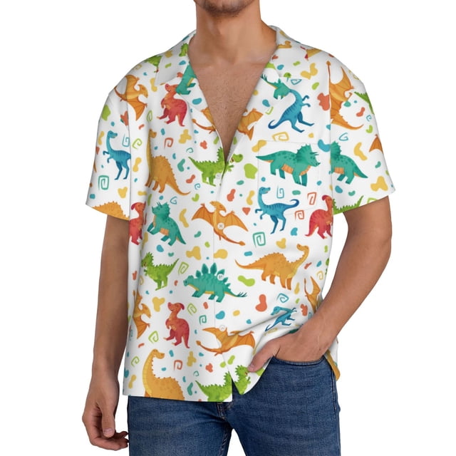 Balery Dinosaur Camisa Casual de Manga Corta con Botones para Hombre, Texturizada, Estilo Cubano, para Playa, Verano-3X-Large