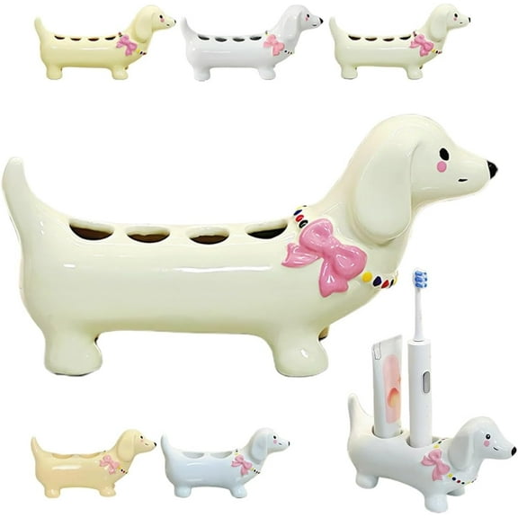 Dachshund Toothbrush Holder, Ceramic Dog Electric Toothbrush Holder, Dachshund Tooth Brush Rack, 2 or 4 Storage Compartments, Creative Cute Tooth Brush Holders for Bathroom(Beige 4 Holes)