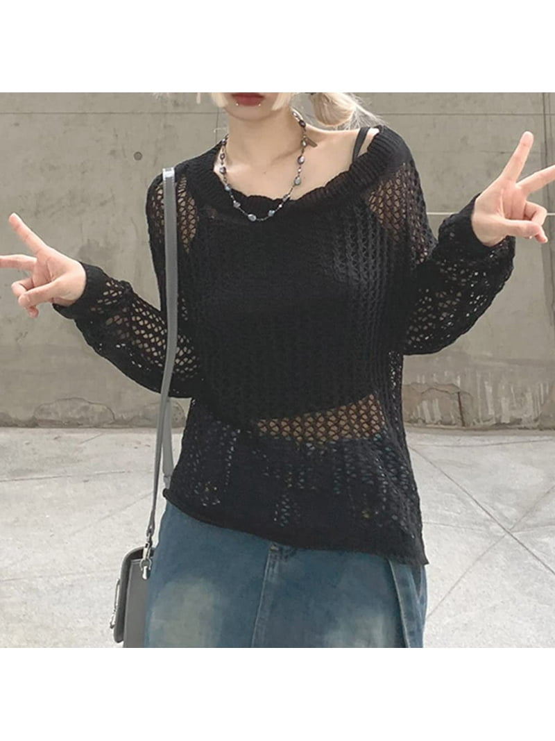 宅配便配送 22aw fishnet ear hook tops Tシャツ/カットソー(七分/長袖