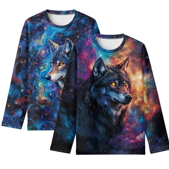FUIALDOLG Wolf Galaxy Long Sleeve Shirts for Boys 2 Pcak Casual Soft Tops Crew Neck Pullover T Shirts Winter Trendy Layering Tee for Kids 15-16 Years