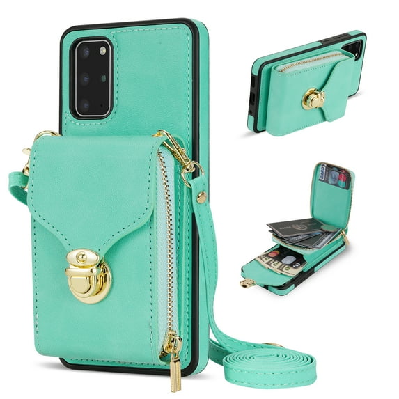 Nalacover Wallet Case for Samsung Galaxy S20+,with Removable Adjustable Shoulder Strap,PU Leather Back Zipper Pocket Card Holder Stand Purse Shockproof Phone Case for Women Men,Mint