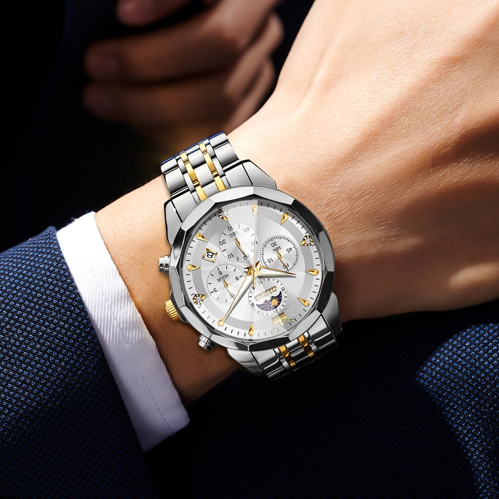 OLEVS Watches For Men Business Dress Luxury Casual Chronograph Multifunction Analog Quartz Stainless Steel Waterproof Luminous Moon Phase Date Men Wrist Watches Reloj Para Hombre White Dial