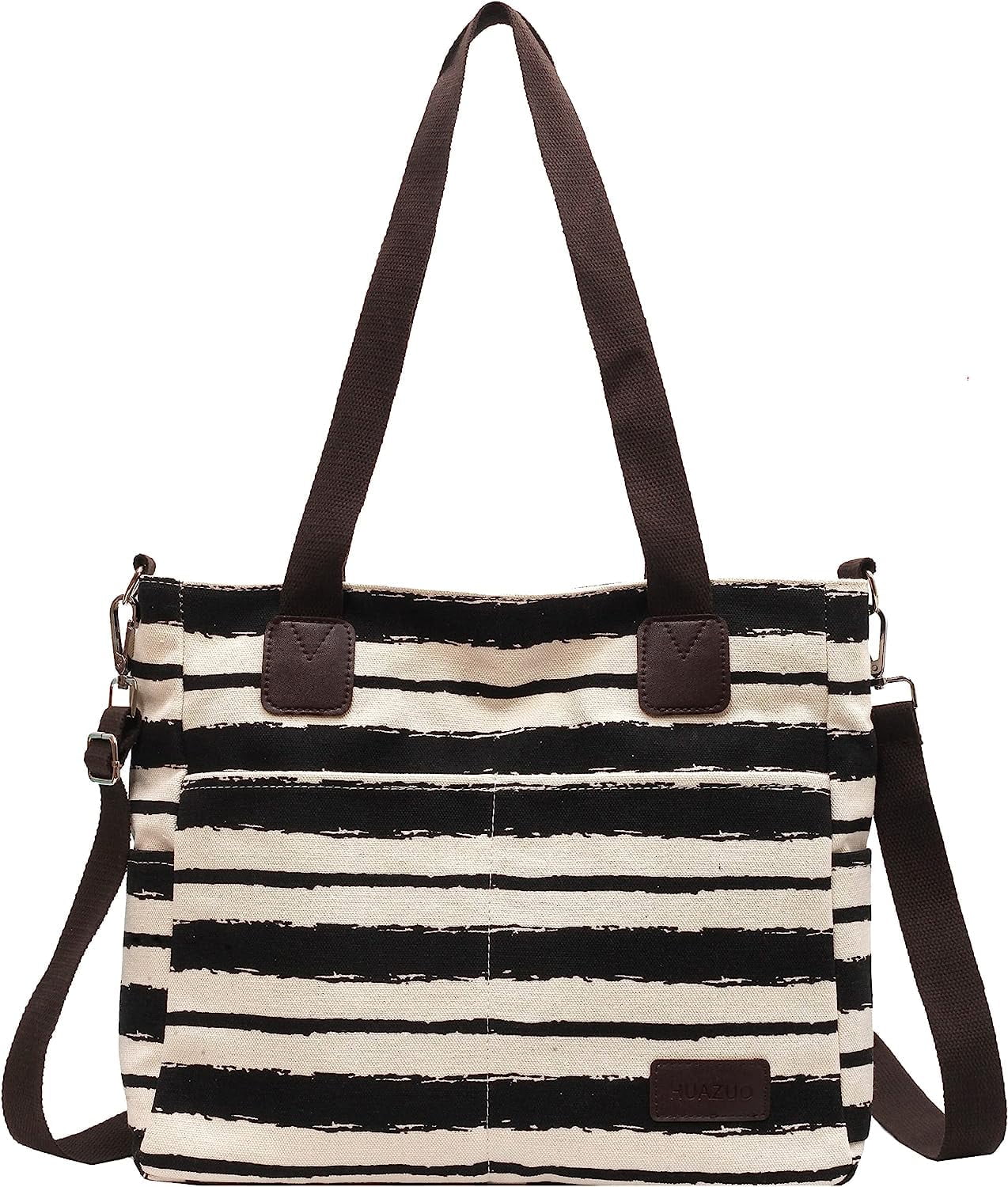 Cute & Spacious Canvas Tote Bag For Women - Multiple Pockets, Crossbody Shoulder Bag, Hobo Messenger Purse (Black, Large)