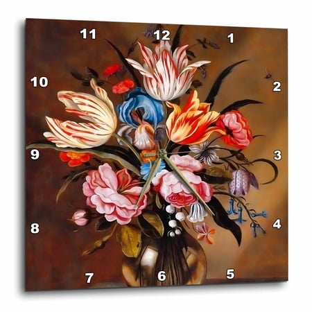 3dRose, Vintage Flowers in a Vase by Dutch artist Abraham Bosschaert from 1632, 10x10 Wall Clock