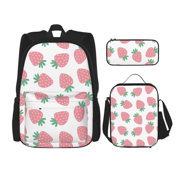 Naloa Strawberry Print Large Capacity Backpack Lunch Bag Pencil Case Combination 3 Piece Set for Student