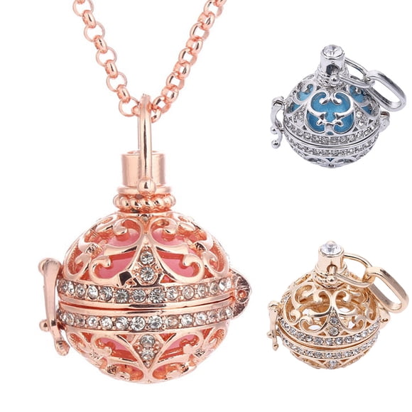 Trayknick Retro Lady Floral Carved CZ Chime Bell Harmony Ball Locket Angel Caller Necklace White