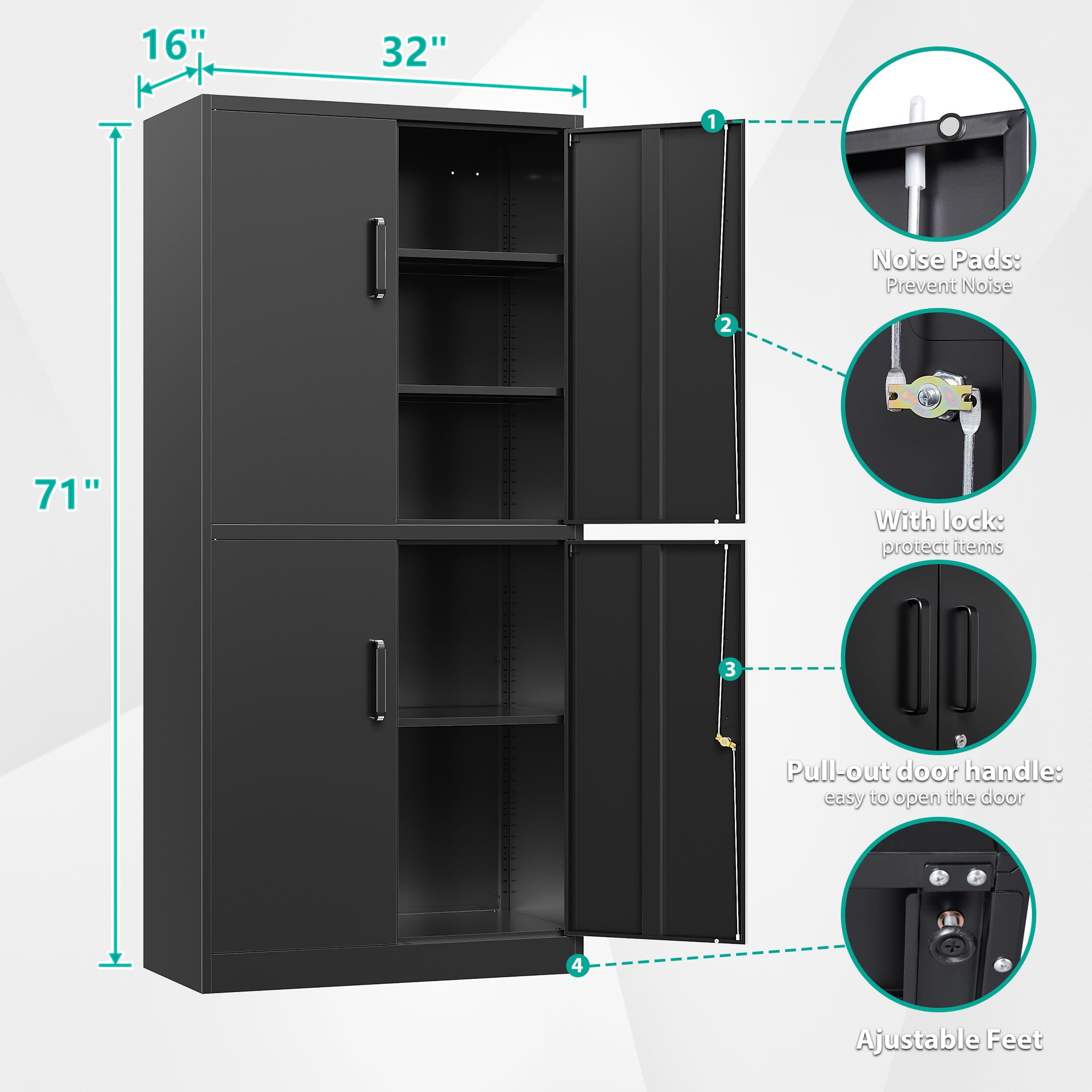 Fesbos Metal Storage Locking Cabinet with 4 Doors and 3 Adjustable Shelves,71" Lockable Tall Steel Garage Cabinet for Home Office,Living Room,Pantry