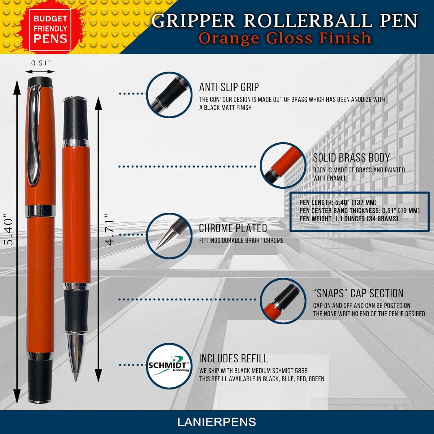 Gripper Rollerball Pen - Orange Gloss with Anti Slip Grip (Budget Friendly Pen)