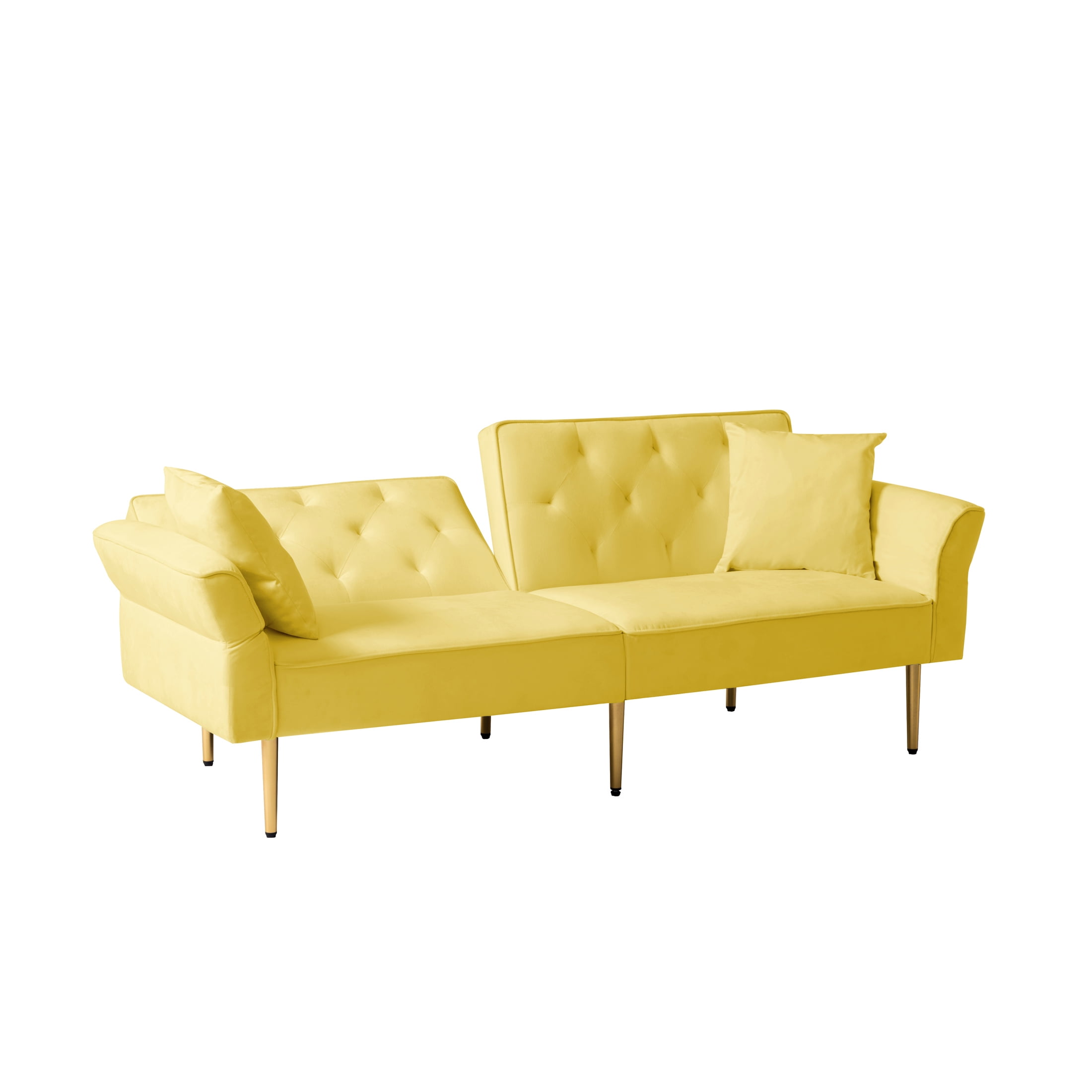 Aukfa 84" Wide Velvet Futon Convertible Sofa for Living Room, Folding Arm, 2 Pillows, Yellow