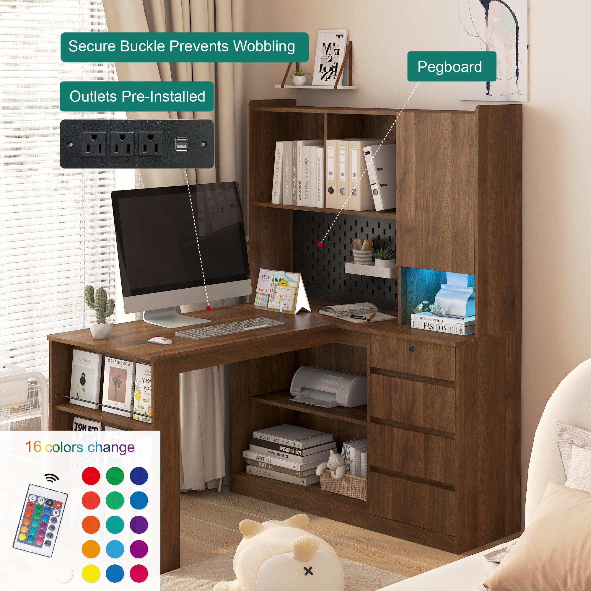 NEW L Shaped Desk with Charger,Computer Desk with Drawers,Bookshelf, with LED Light,Modern Corner Desk,Home Office Desk,L-Shaped Study Table Writing Desk,Corner Gaming Computer Desk with Storage