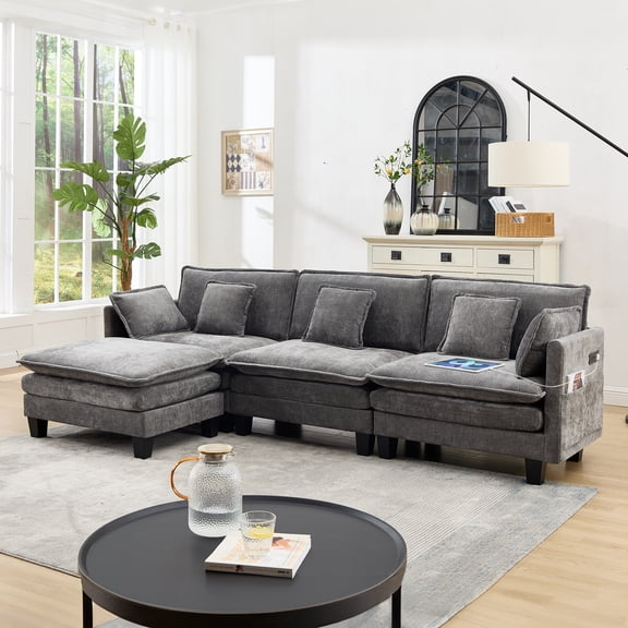 MAXMAXX 108" Modular Sectional Couches for Living Room with Ottoman, L Shaped Cloud Couch with Charger, USB & Type-c Port, Comfy 4 Seats Sofas with Deep Seat, Chenille Fabric, Grey