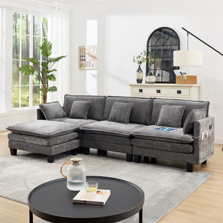 MAXMAXX 108" Modular Sectional Couches for Living Room with Ottoman, L Shaped Cloud Couch with Charger, USB & Type-c Port, Comfy 4 Seats Sofas with Deep Seat, Chenille Fabric, Grey