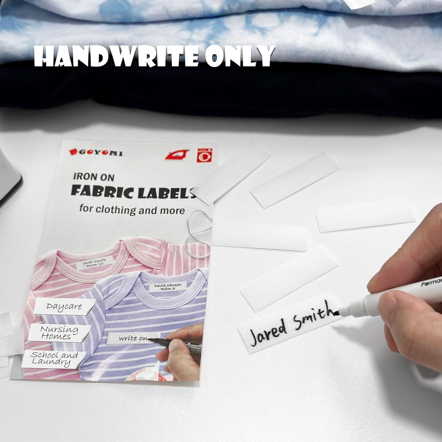 100 Pcs Iron on Fabric Labels, Writable Iron on Clothing Labels, Name Tags for Daycare, Nursing Home, Camp, School, Laundry, Organizing, Washer & Dryer Safe$$Office