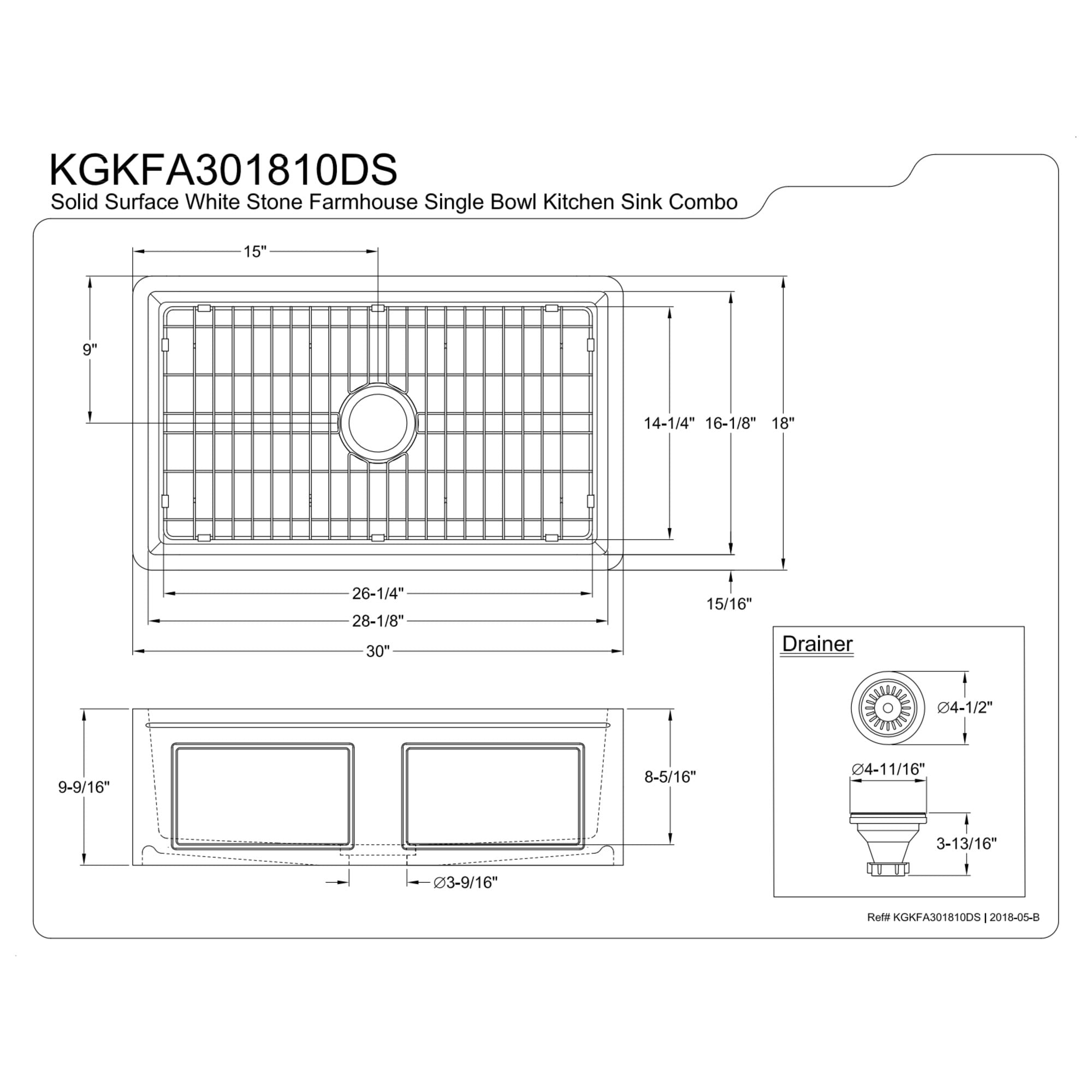 Gourmetier KGKFA301810DS Arcticstone 30-Inch Solid Surface White Stone Apron-Front Single Bowl Farmhouse Kitchen Sink with Strainer and Grid in Matte White/Brushed