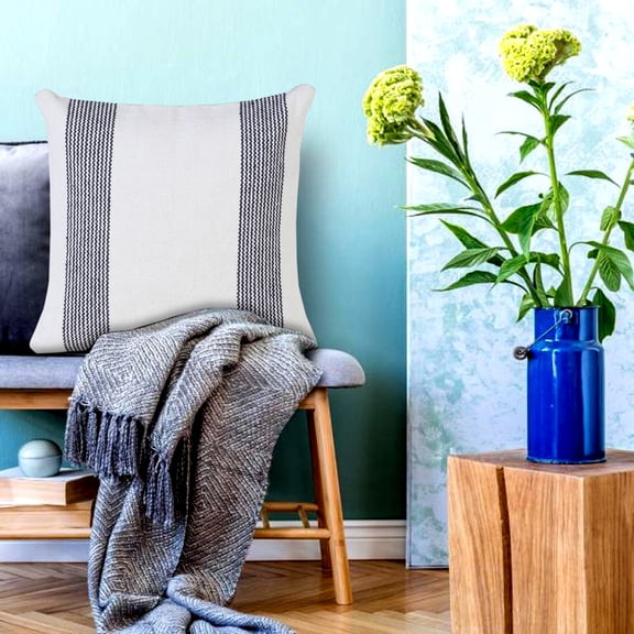 Laddha Home Designs Handwoven Geometric Striped Cotton Throw Pillow Cover - 20" - Navy Blue and