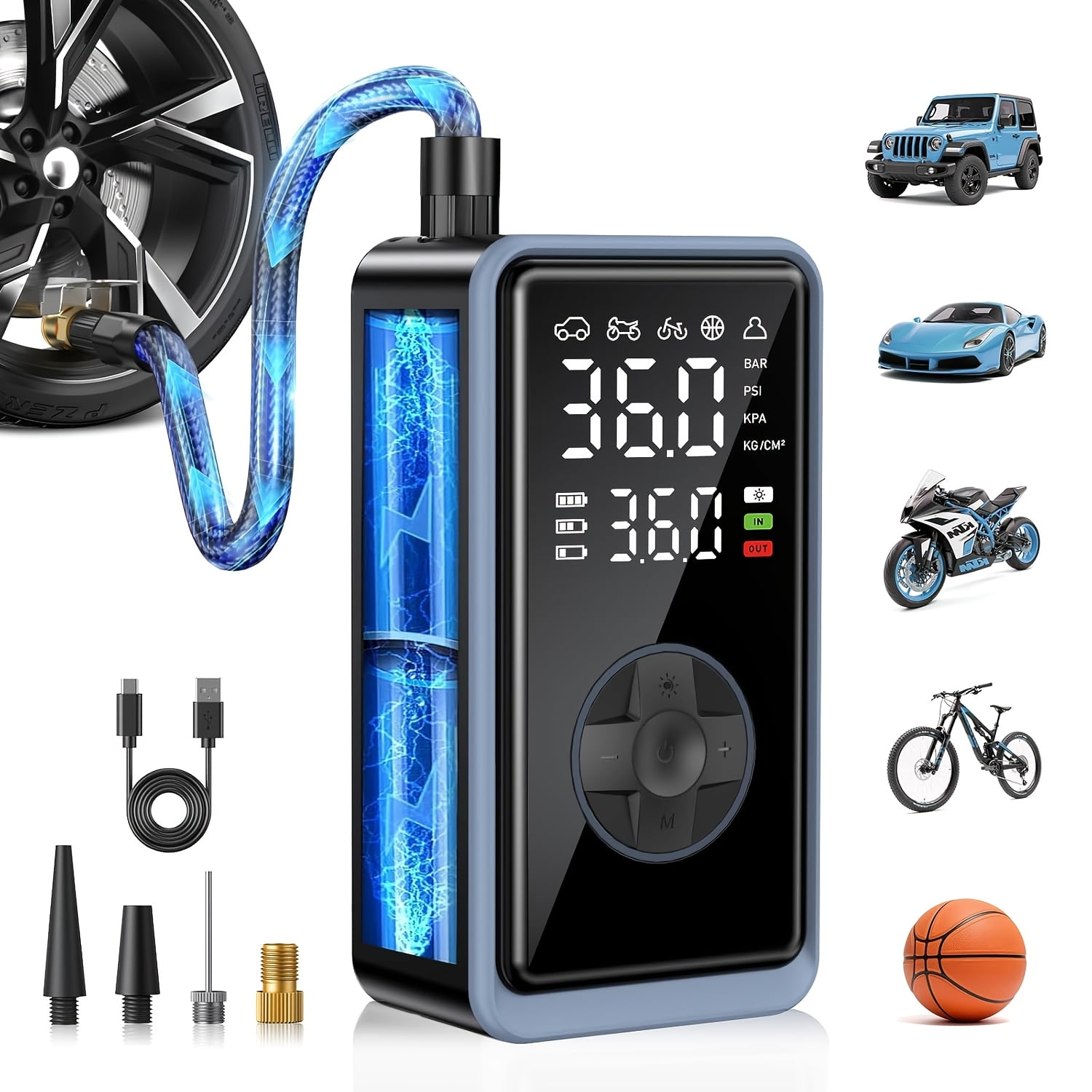 150PSI Cordless Portable Tire Inflator Air Compressor Digital Pressure Gauge & LED Light USB Quick‑Charge Lithium Polymer Battery for Car Moto Bicycle Roadside Emergency Assistance